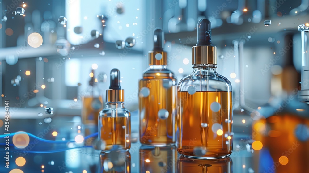 Poster close-up of glass bottles filled with serum, featuring droplets of liquid and laboratory tools in th