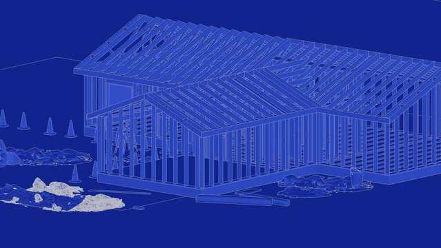 under construction house site, frame structure, with large machines, seamless looping 3D blueprint animation