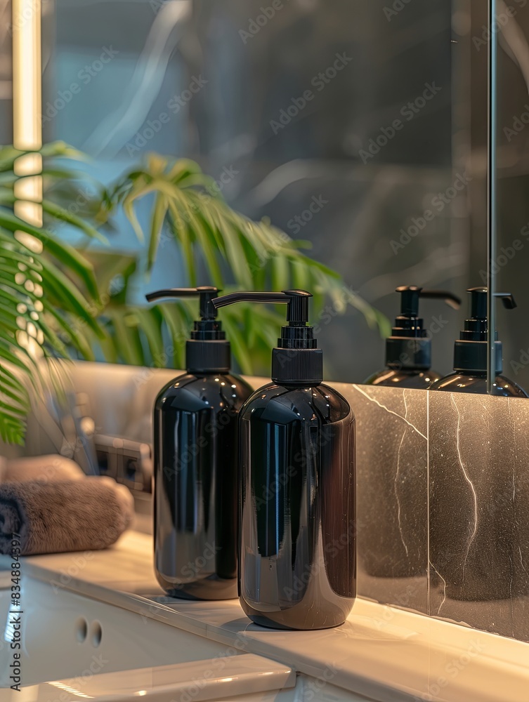 Poster two black bottles of shampoo and conditioner on a bathroom countertop with a green plant in the back