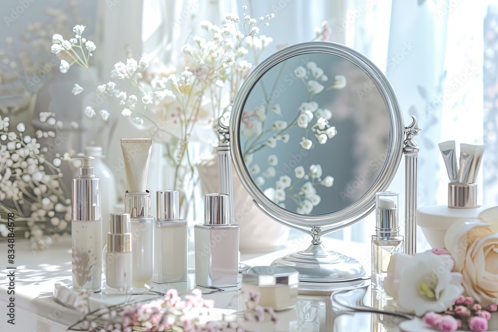 Poster a silver-framed mirror sits on a vanity table surrounded by bottles and tubes of cosmetic products, 