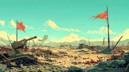 Desolate Battlefield: Vector Illustration of a Devastated War Zone with Scattered Weapons, Broken Tanks, and Tattered Flags in a Barren Landscape