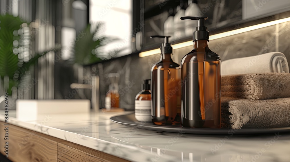 Poster close-up of stylish shampoo and conditioner bottles on a marble countertop in a modern bathroom. gen
