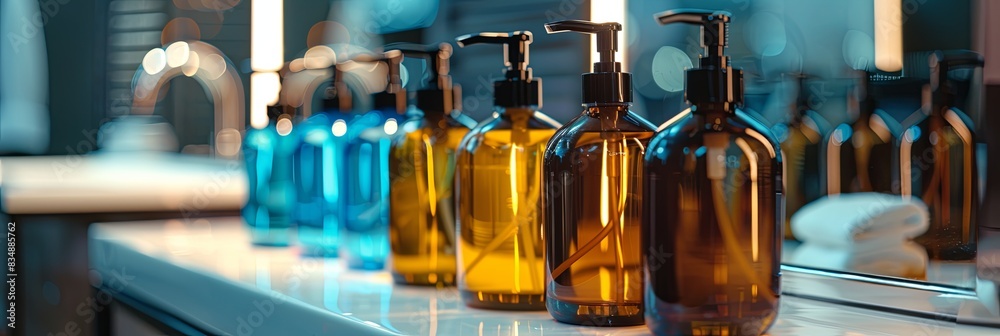 Poster rows of stylish shampoo and conditioner bottles on a bathroom countertop. generative ai