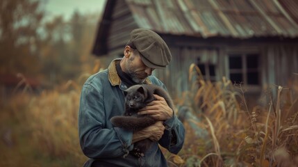 a male farmer holds a mink in his hands. Selective focus