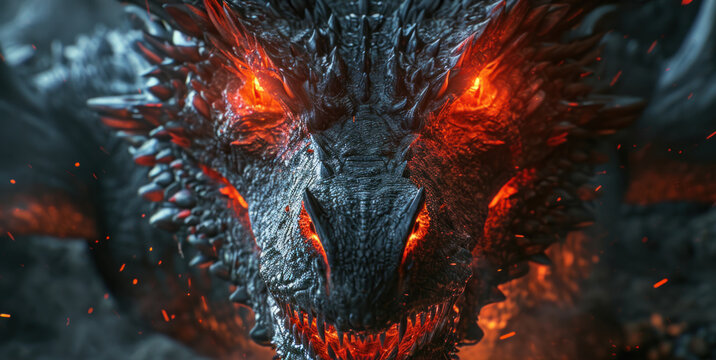 Close-up view of an angry evil dragon with red eyes and fire flames.