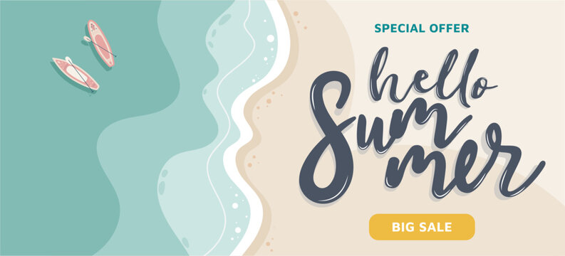 Summer sale promotion banner. Top view of sunny tropical beach with ocean wave, sand, seashells and beach accessories. Template vector illustration.