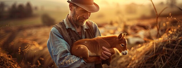 a male farmer holds a small horse in his hands. Selective focus