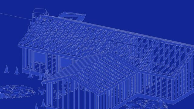 under construction house site, frame structure, with large machines, seamless looping 3D blueprint animation