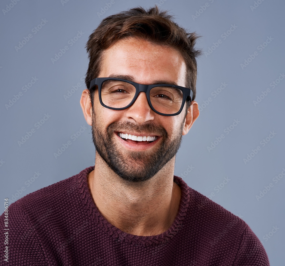 Poster portrait, happy and man in glasses on studio background for startup business with smart and intellig