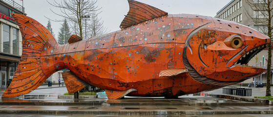 A giant salmon sculpture as a popular attraction on a city sidewalk