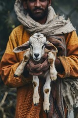 a male farmer holds a goat in his hands. Selective focus
