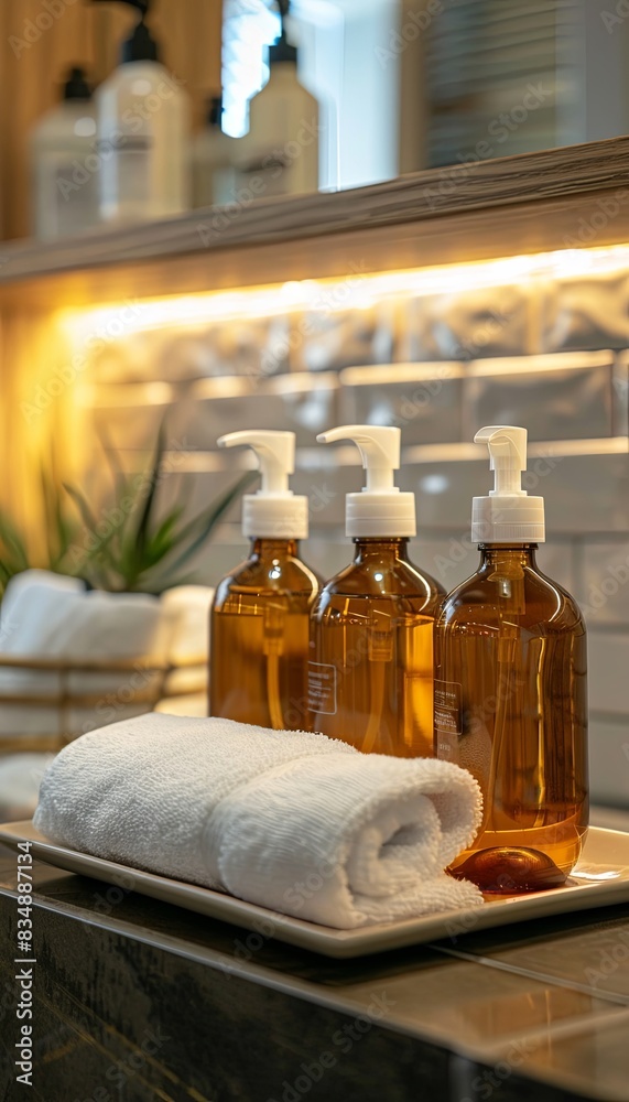 Aufkleber a close-up shot of three elegant shampoo and conditioner bottles arranged on a bathroom counter, wit