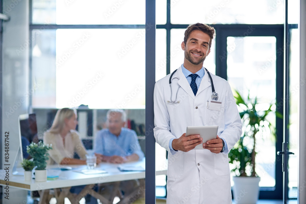 Sticker Portrait, man and doctor with tablet in hospital, smile and patients for appointment, checkup and career ambition. Face, people or medical with happy professional, technology and healthcare in clinic