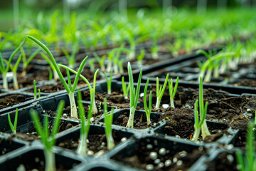 Fototapeta premium Fresh Onion Sprouts Growing in Seed Trays