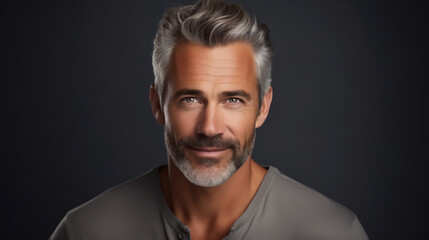 Obraz premium Portrait handsome bearded caucasian mature man looking at camera posing on black studio background