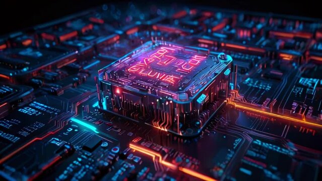 This image shows a close-up of a glowing blue and red computer chip with circuit board.