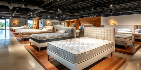 Mattress showroom with elegant beds and pillows lined up in shop, furniture product showcase