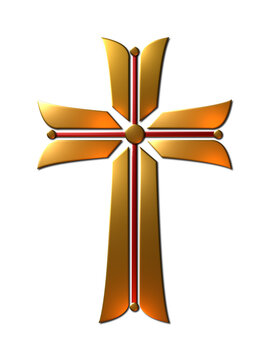 A 3D-rendered illustration of a golden metallic cross isolated on a white background
