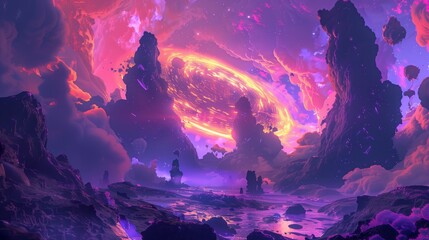 A jaw-dropping alien world with towering floating rocks, surreal swirling skies, and a neon-lit forest, creating a stunning and otherworldly atmosphere.