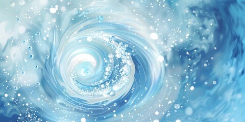 Abstract background with swirling water and bubbles in light blue color, creating an elegant and tranquil atmosphere. Water swirls around the center of the composition, surrounded by delicate ripples 