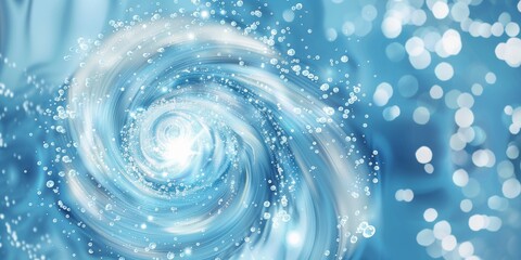 Abstract background with swirling water and bubbles in light blue color, creating an elegant and tranquil atmosphere. Water swirls around the center of the composition, surrounded by delicate ripples 