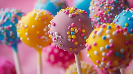colorful lollipops. details with cake pops with selective focus. Close-up of ice cream against pink...