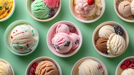 Delicious cold ice cream of different types in plates on a green isolated background, top view.