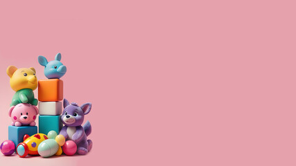 Fototapeta premium Toys on a pink background, stuffed animals, rabbits, giraffes, bears, with some space on the right to write text