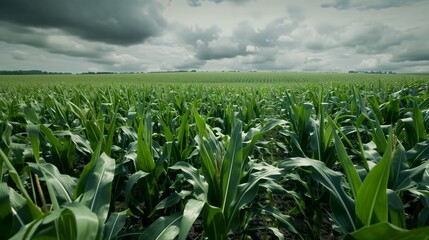 Obraz premium Large field of corn crops under a cloudy sky, casting shadows on the dark green leaves.