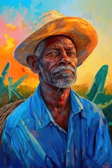 Obraz premium Rural Charm: Vintage Farmer in Blue and Orange