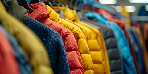 Obraz premium Closeup shot of fashionable clothes hanging on a colorful clothing rack. Concept Fashion Photography, Clothes Hanging, Colorful Displays, Closeup Shots, Stylish Wardrobe