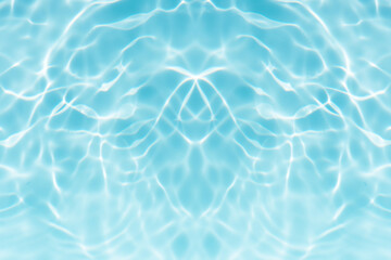 Blue water with ripples on the surface. Defocus blurred transparent blue colored clear calm water surface texture with splashes and bubbles. Water waves with shining pattern texture background.