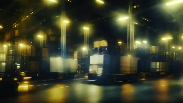 Busy industrial warehouse timelapse with loaded trucks transporting goods, efficient product logistics distribution delivery concept, seamless loop