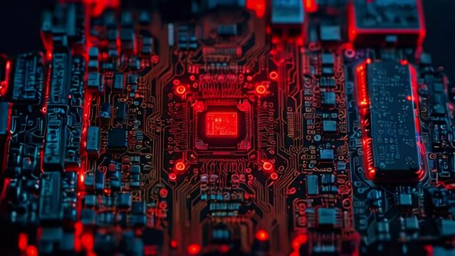 A close up of a computer circuit board with a red glowing CPU.