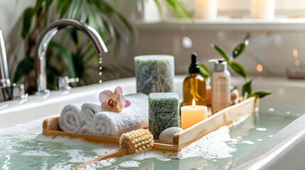 Bath tray with natural face roller and cosmetic products
