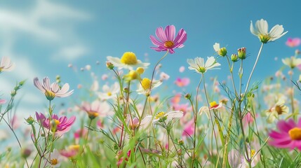 Multicolored cosmos flowers in meadow in spring summer nature against blue sky Selective soft focus