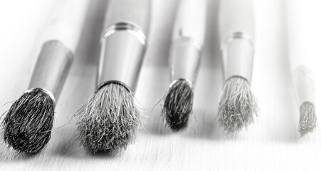 Brush set for artist on white wooden background on sunlight