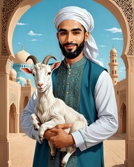 Arab man holding his goat with a mosque in the background