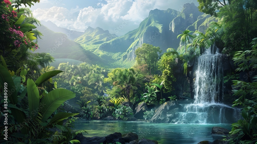 Wall mural Lush tropical rainforest landscape with a cascading waterfall, surrounded by dense greenery and majestic mountains under a partly cloudy sky.