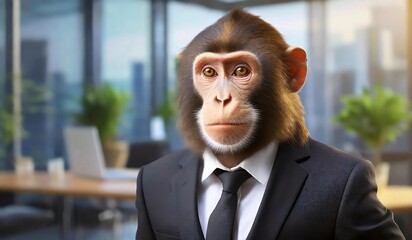 young monkey portrait in black suit at office interior. chimpanzee businessman manager with laptop on table as background