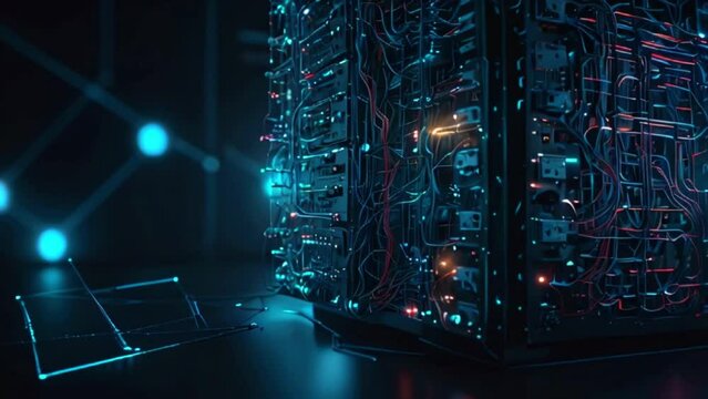 A dark video of a server room with blue and green lights.