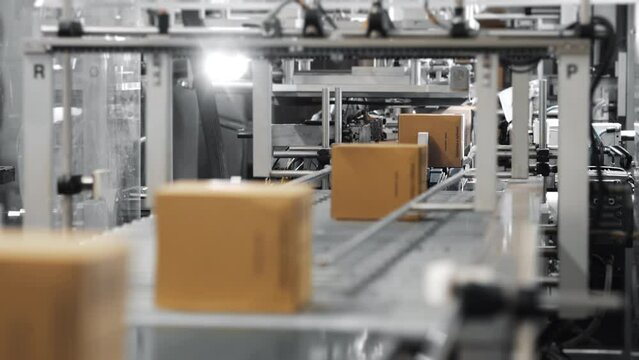Automated Conveyor System Transporting Cardboard Boxes in Modern Factory.