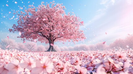 A blooming cherry blossom tree in full bloom, with delicate pink petals covering the branches and a carpet of fallen petals on the ground under a clear blue sky 