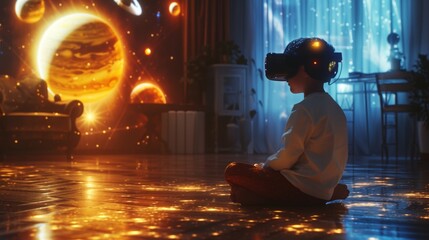A little boy is in a virtual fantasy space universe with planet when wearing VR headset.
