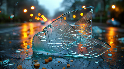 Shattered glass on street reflecting city lights at night. Broken windshield or window pane with cracked shards and fragments scattered outside. Concept of accident, damage, and urban scenery.