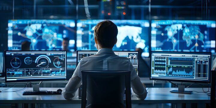 Cyber security team monitoring screens in hightech command center. Concept Cyber Security, Monitoring Screens, High-tech Command Center, IT Professionals, Data Protection