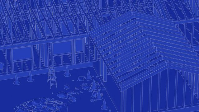 under construction house site, frame structure, with large machines, seamless looping 3D blueprint animation
