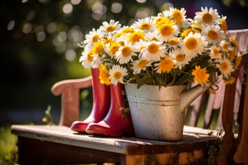 Vibrant Daisy Flowers In A Watering Can With Red Rubber Boots On Bench. Generative AI