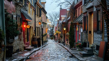 Obraz premium A historic cobblestone street in a charming old town, with quaint buildings, street lamps, and a nostalgic feel 
