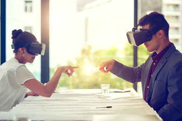 Woman, man and virtual reality for architecture, blueprint and touch in metaverse, innovation and...